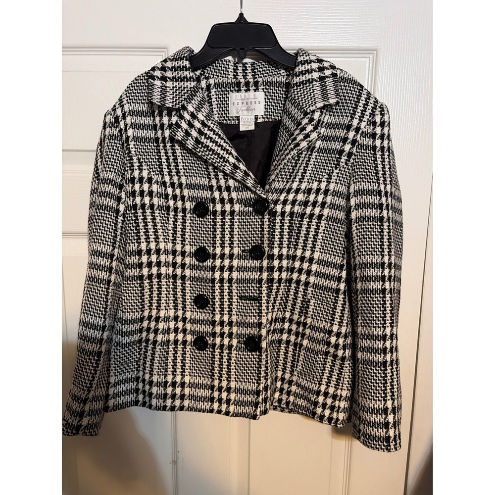 Express Tailleur Womens Petite 5/6 Black White Houndstooth DoubleBreasted Blazer